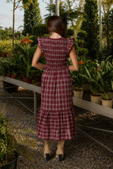 Plaid Smocked V Neck Ruffled Midi Dress