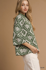 Olive Patterned Mock Neck Sweater
