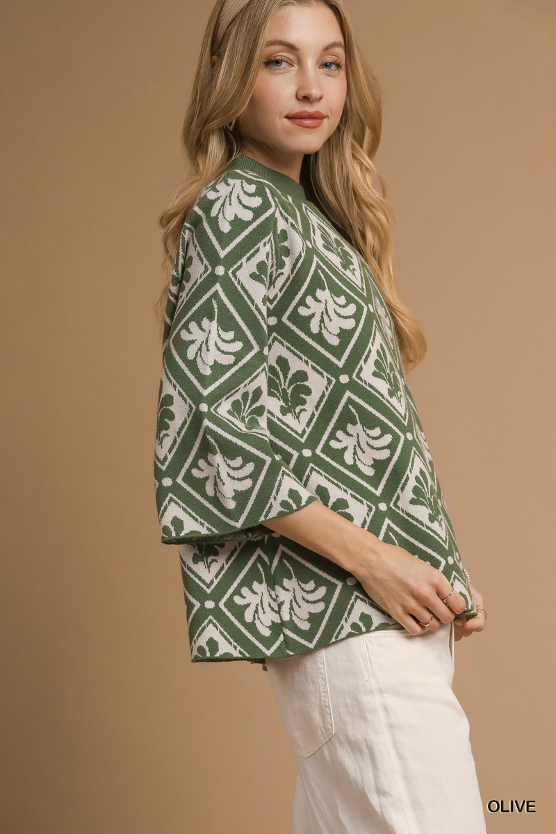Olive Patterned Mock Neck Sweater