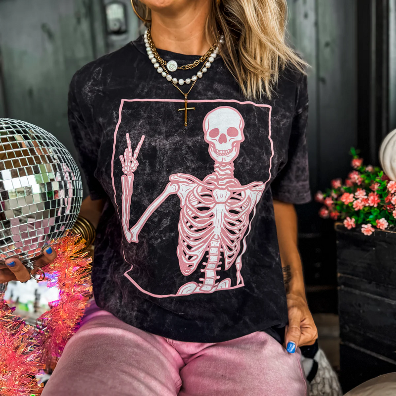 Peace Pink Skeleton On Vintage Mineral Wash Tee