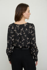 Black Bow Pattern Round Neck Long Sleeve Blouse