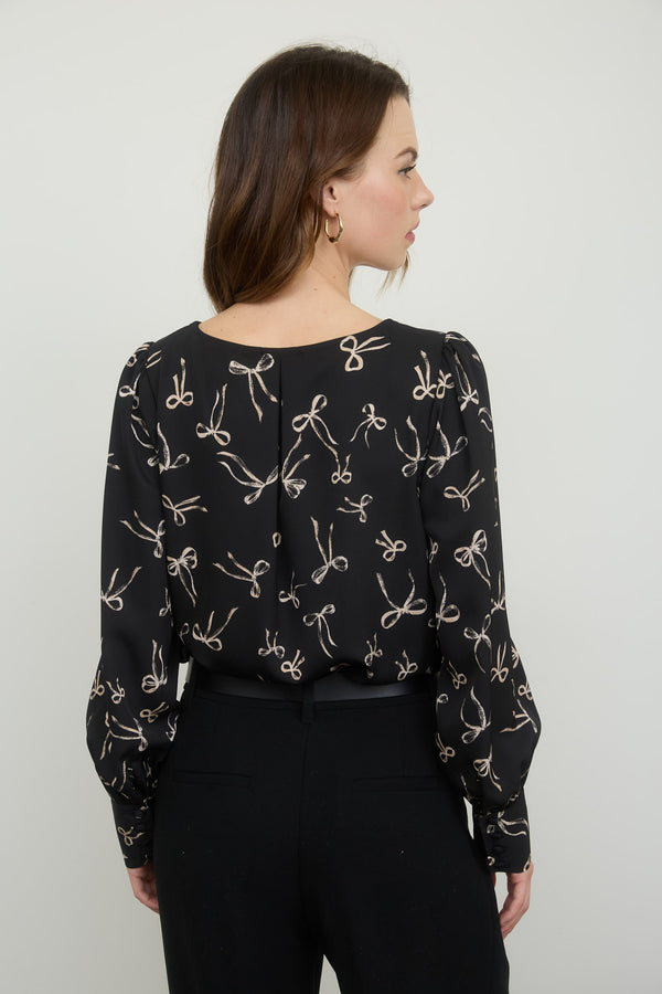 Black Bow Pattern Round Neck Long Sleeve Blouse