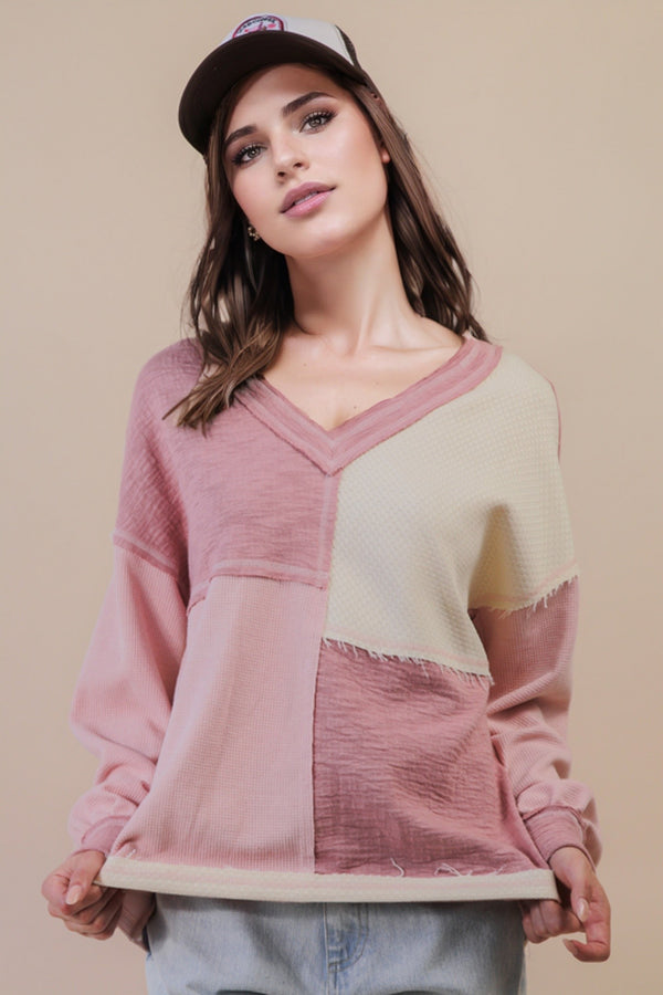 Colorblock Waffle Knit V-Neck Shirt