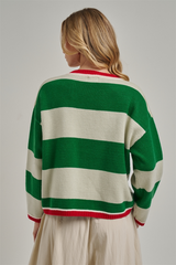 Green Wide Stripe Red Contrast Cardigan