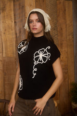 Black Mock Neck Floral Trim Knit Sweater
