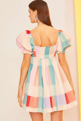 Multicolor Babydoll Puff Sleeve Dress