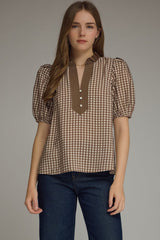 Brown Gingham Short Puff Sleeve Top