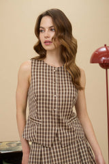 Khaki Plaid Button Down Vest