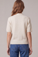 Oatmeal Short Sleeve Tie Neck Button Down Sweater