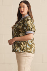 Curvy Olive Floral Short Puff Sleeve Top
