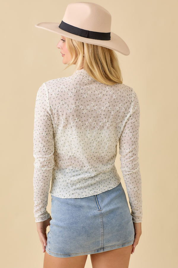 Ivory Floral Embossed Print Flower Knit Top