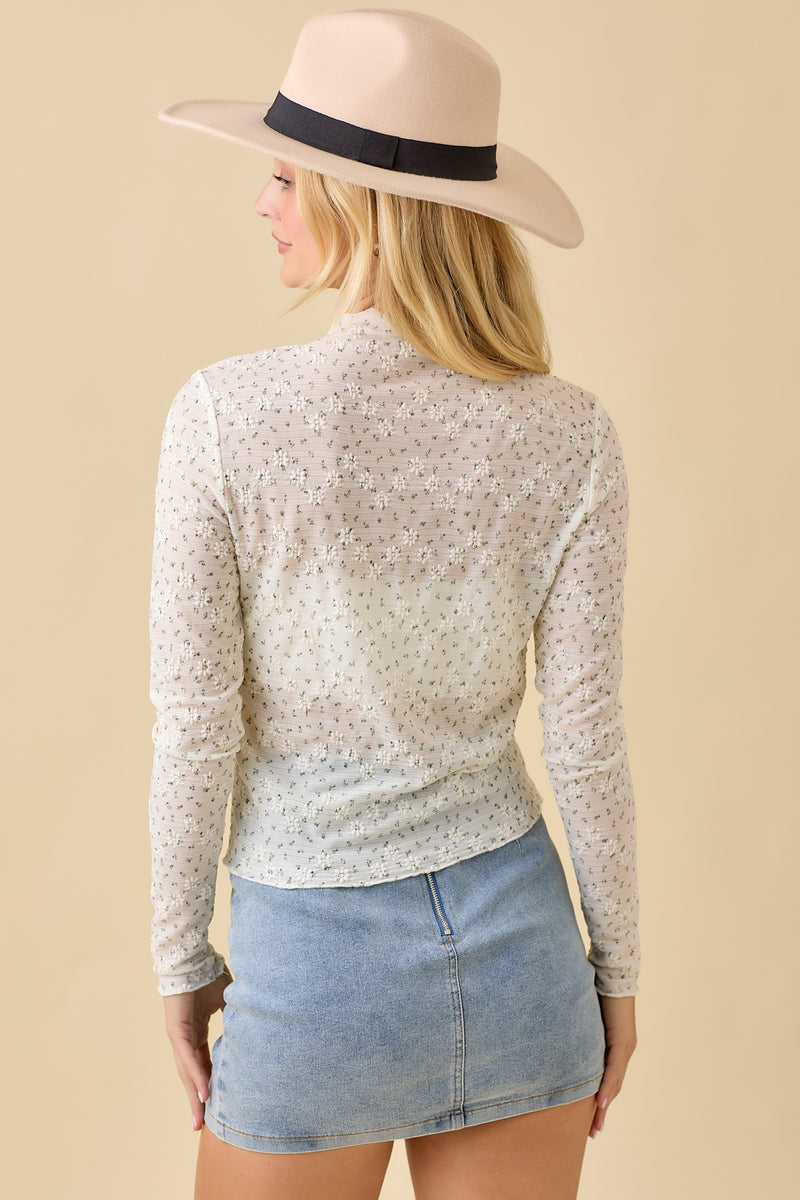 Ivory Floral Embossed Print Flower Knit Top