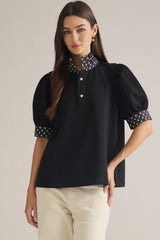 Polka Dot Accent Puff Sleeve Top