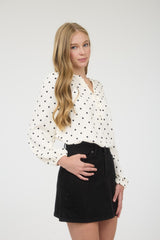 White Polka Dot Blouse With Cinched Sleeves