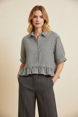 Black Stripe Peplum Hem Button Down Top