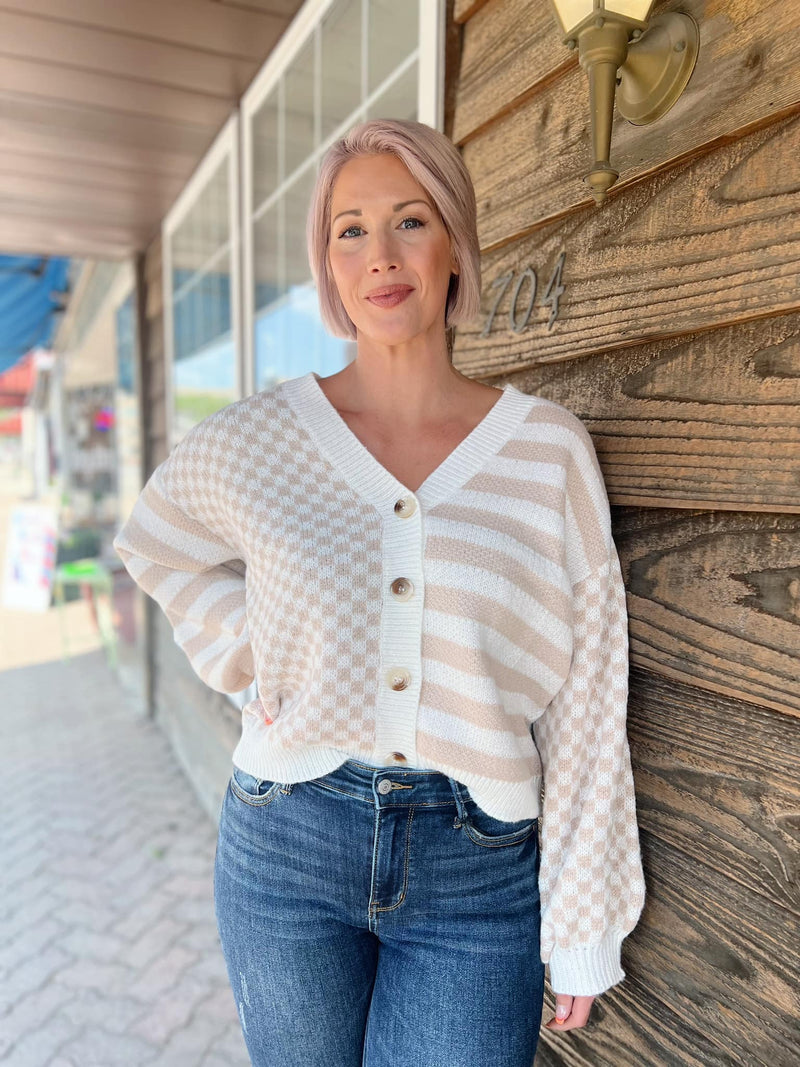 Cream Checkered Contrast Cardigan