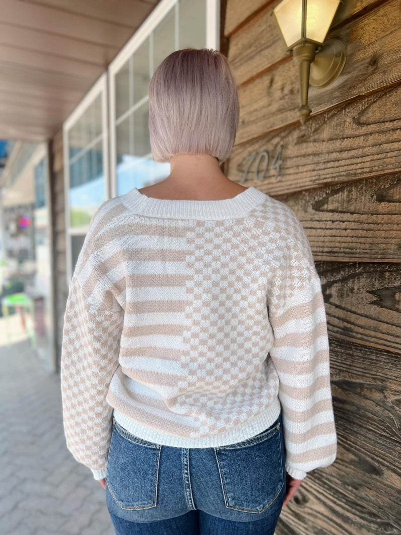 Cream Checkered Contrast Cardigan