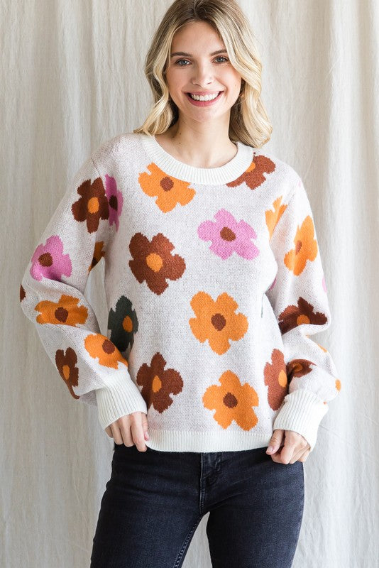 Cream Multi Color Daisy Knit Sweater