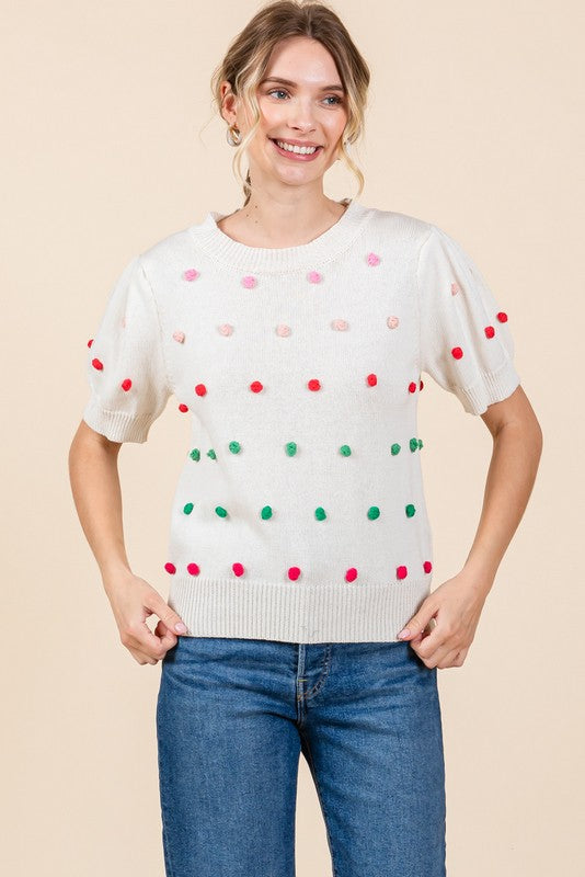 Cream Knit 3D Polka Dot Top