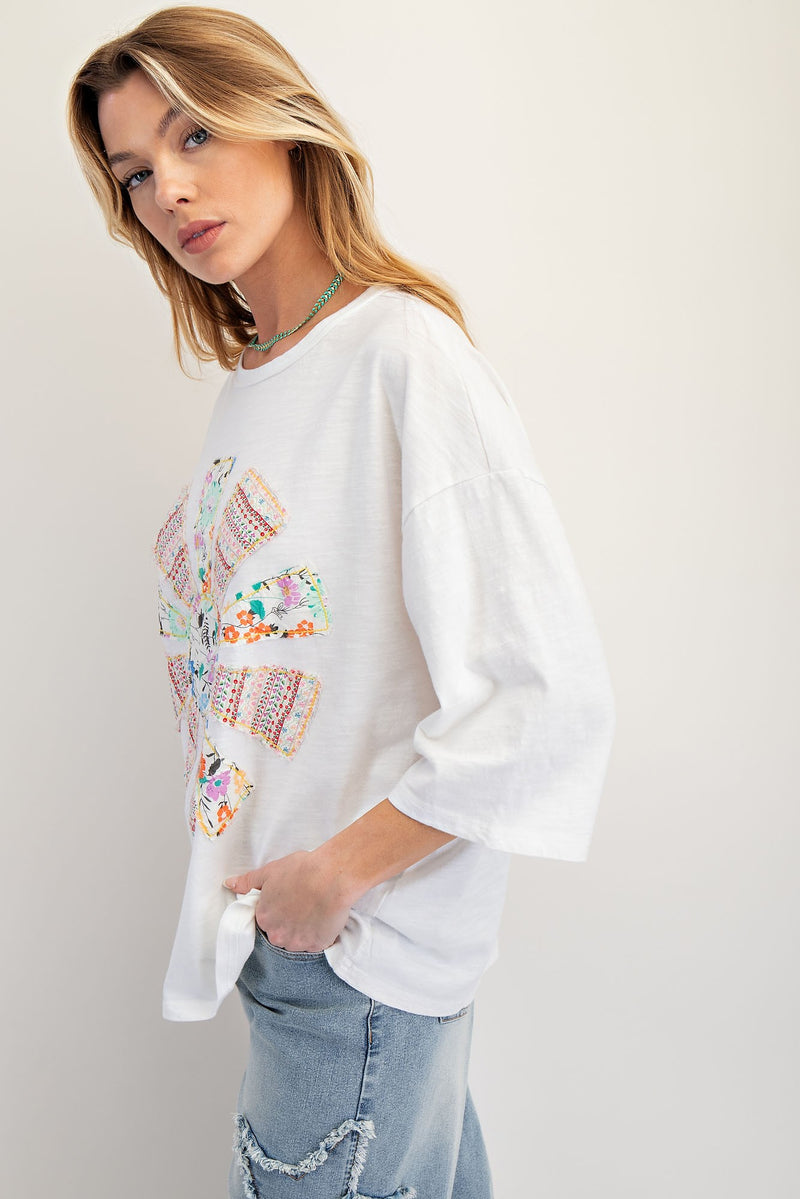 Curvy White 3/4 Sleeve Top with Raw Cut Sun Patchwork