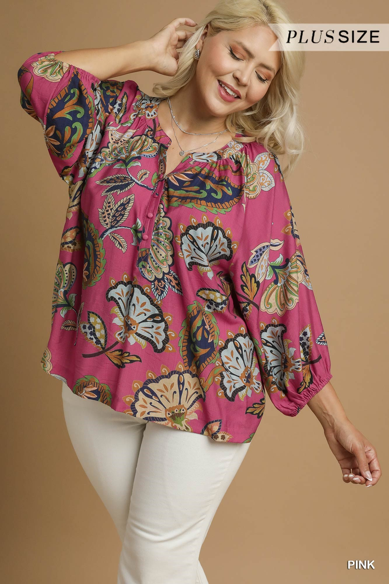Curvy Boho Paisley Puff Sleeve Blouse