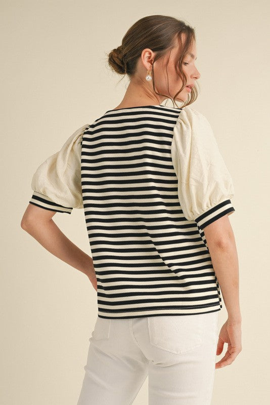 Curvy Black and White Stripe Puff Sleeve Top