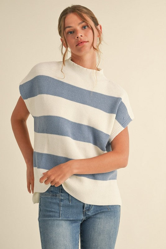 Blue and White Mock Neck Sweater Tank