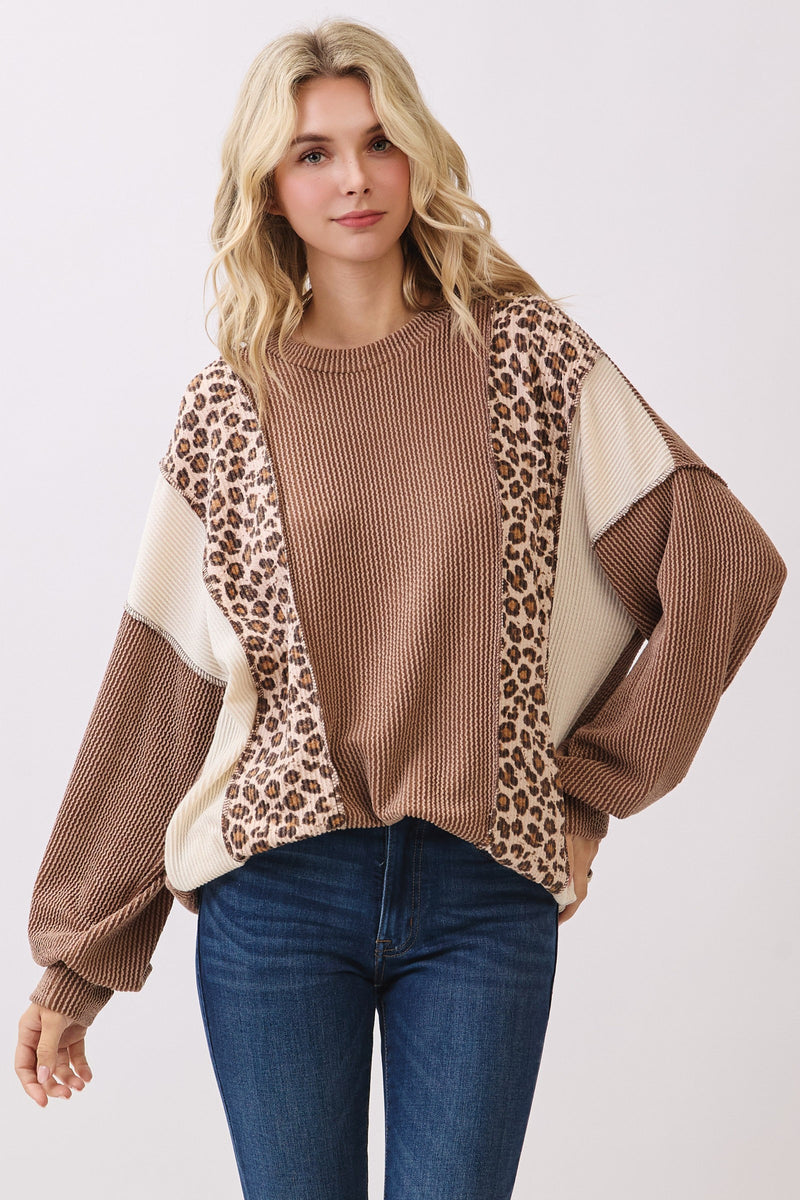 Leopard Color Block Ribbed Top