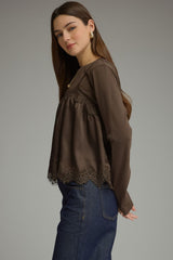 Brown Long Sleeve Layered Camisole Detail Top