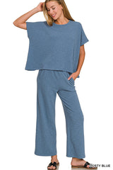 Textured Cotton Short Sleeve Top & Pant Set