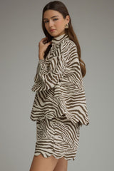Zebra Print Scallop Edge Stand Up Collar Top
