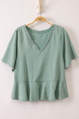 Sage Mineral Wash Lace V Neck Peplum Top