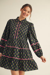 Black Floral Pattern Button Up Poof Sleeve Dress