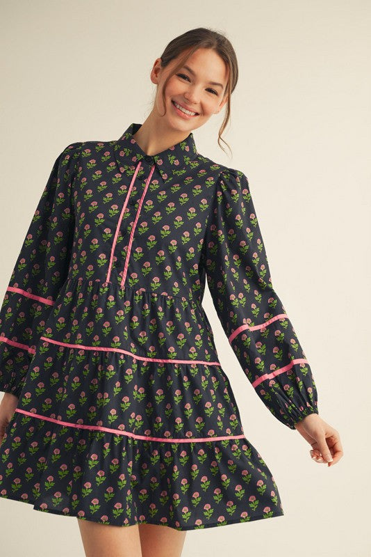 Black Floral Pattern Button Up Poof Sleeve Dress