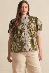 Curvy Olive Floral Short Puff Sleeve Top