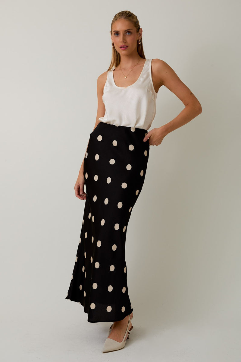 Black Satin Maxi Skirt with Elastic Waist in Polka Dot