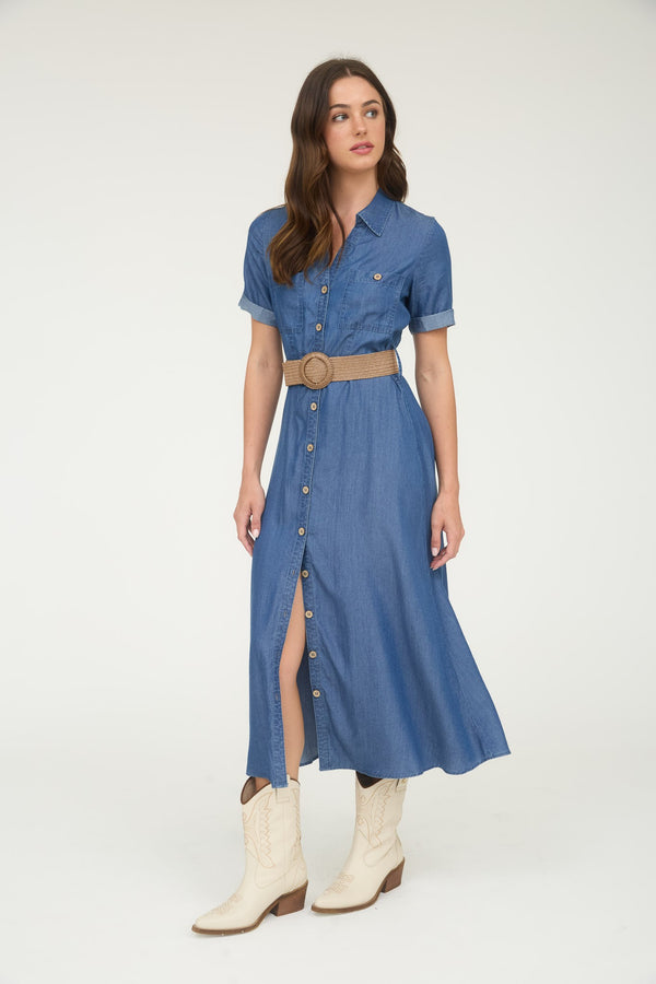 Chambray Collared Short Sleeve Belted Dress W/ Buttons