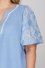 Curvy Blue Neck Detail Embroidered Puff Sleeve Top