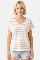 V Neck Short Sleeve Textured Stripe Top