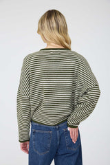 Stripe Raw Edge Drop Shoulder  Knit Cardigan