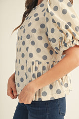 Blue Polka Dot Puff Sleeve Pricess lined Top