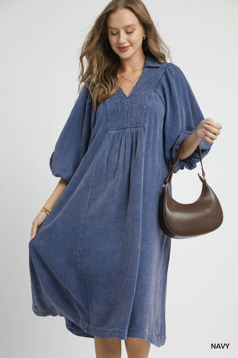 Navy Smocked Gauze Midi Dress