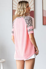 Coral Leopard Detail Ribbed Top