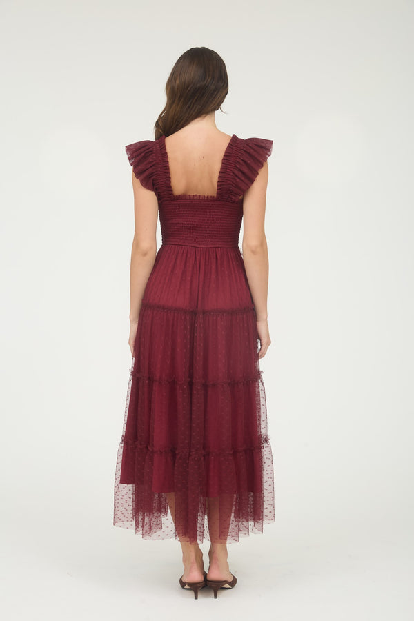 Burgundy Polka Dot Print tulle Tiered Midi Dress