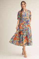 Aqua Short Sleeve Tropical Print Midi Dress