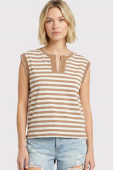 Taupe Stripes  Split Neck Cap Sleeve Top