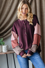 Curvy Burgundy Colorblock Long Sleeve Top