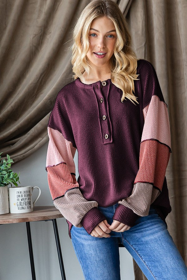 Curvy Burgundy Colorblock Long Sleeve Top