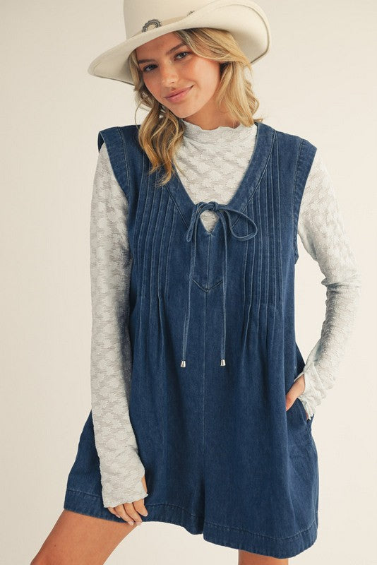 Denim Pleated Wide Leg Tied Romper