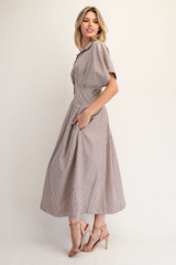 Brown Striped Pleated Maxi Dress